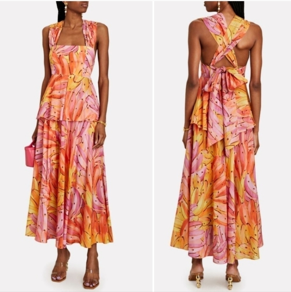 Farm Rio Pink Ombre Bananas Tropical Maxi Dress XS NWT Cross Back Tiered Cotton